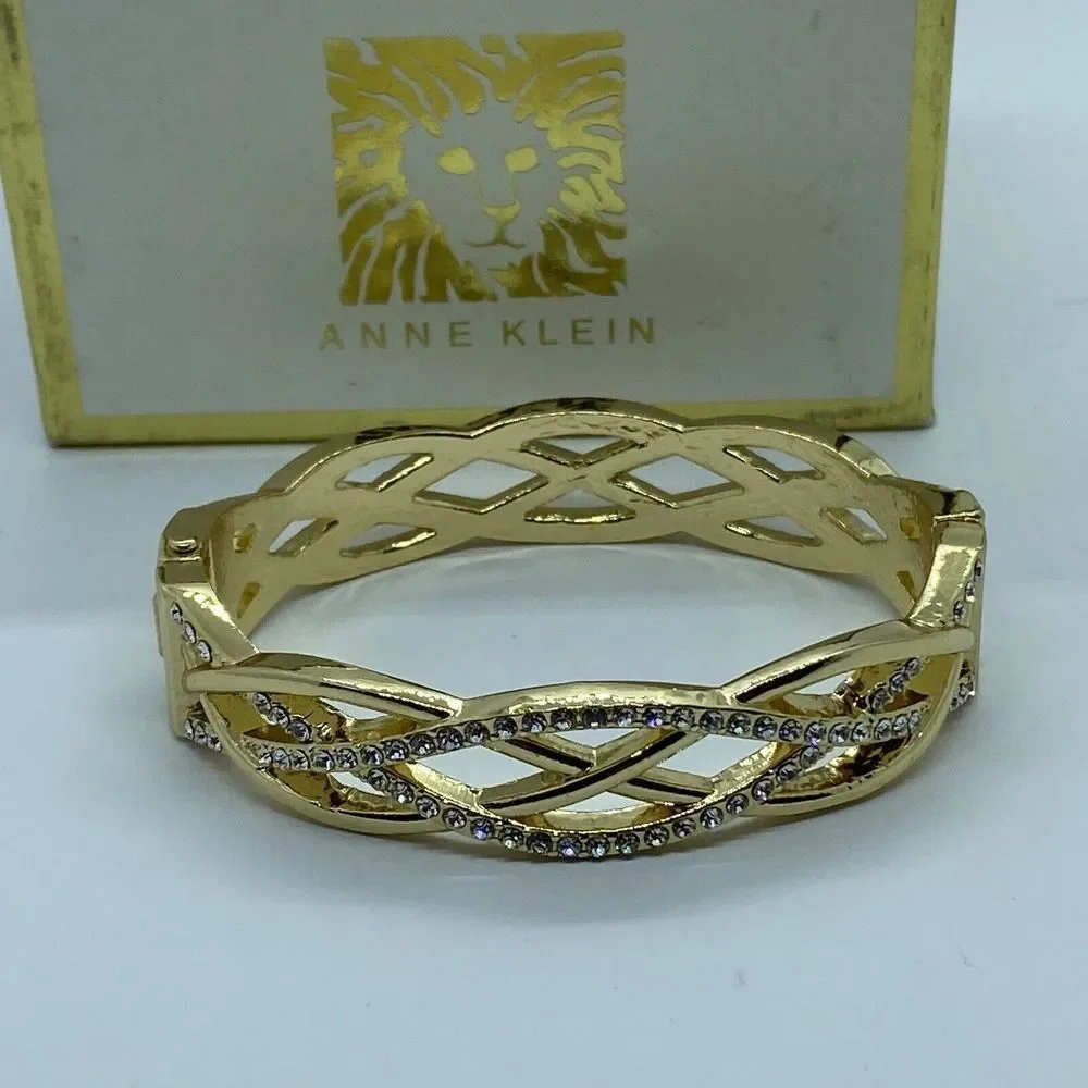 Anne Klein Women's Gold-Tone and Crystal Hinge Bangle Bracelet UB71